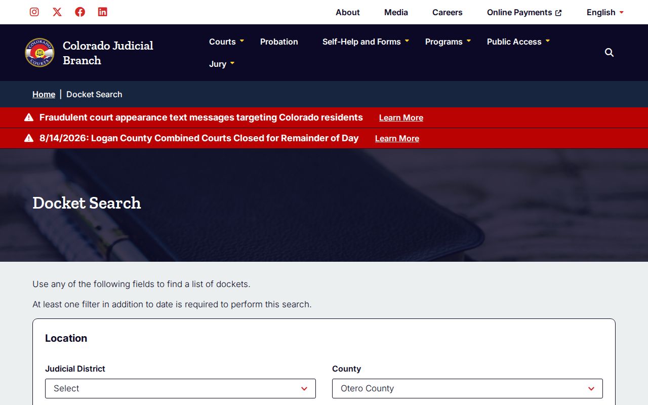 Otero County court docket search for booking case disposition