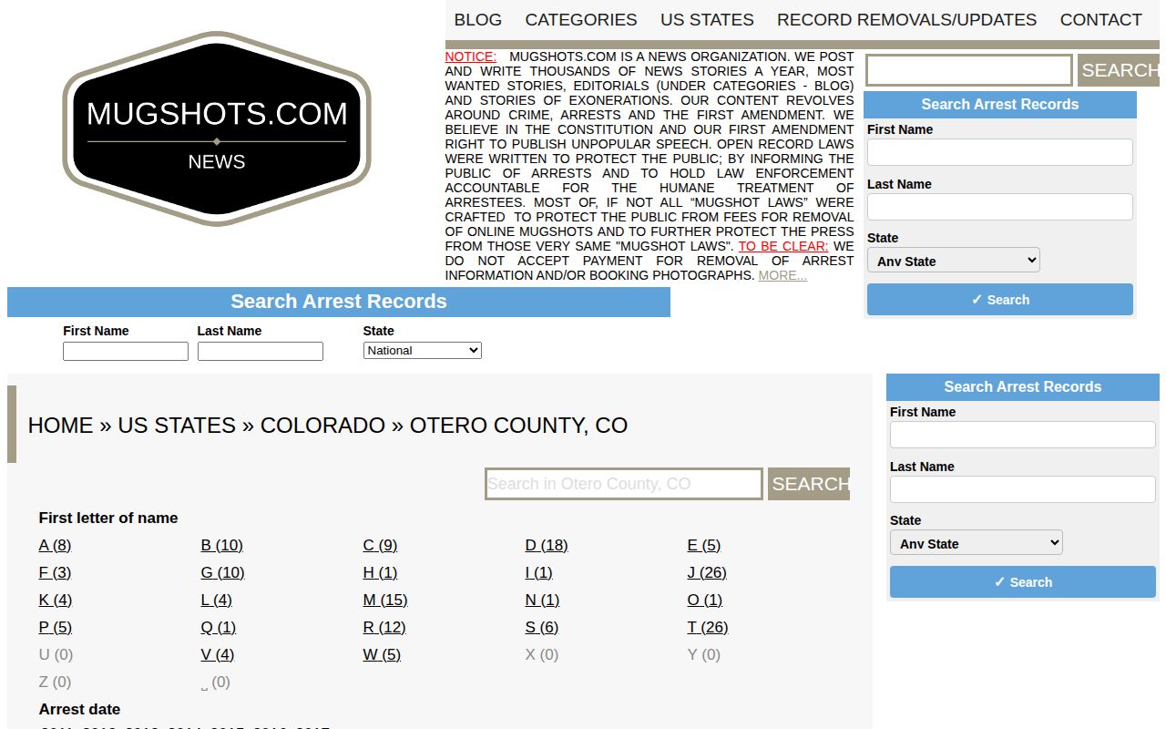 Unofficial archival Otero County mugshot record section