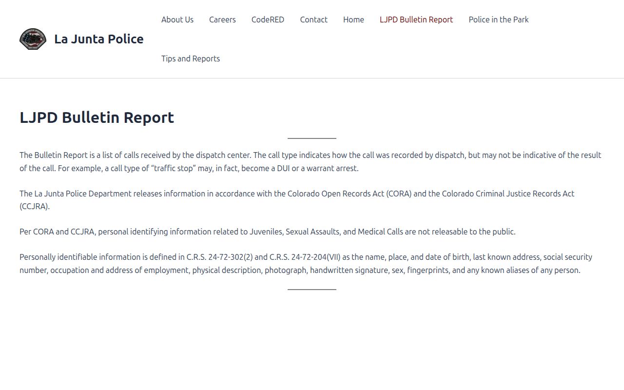 La Junta Police Department official arrest blotter landing in Otero County